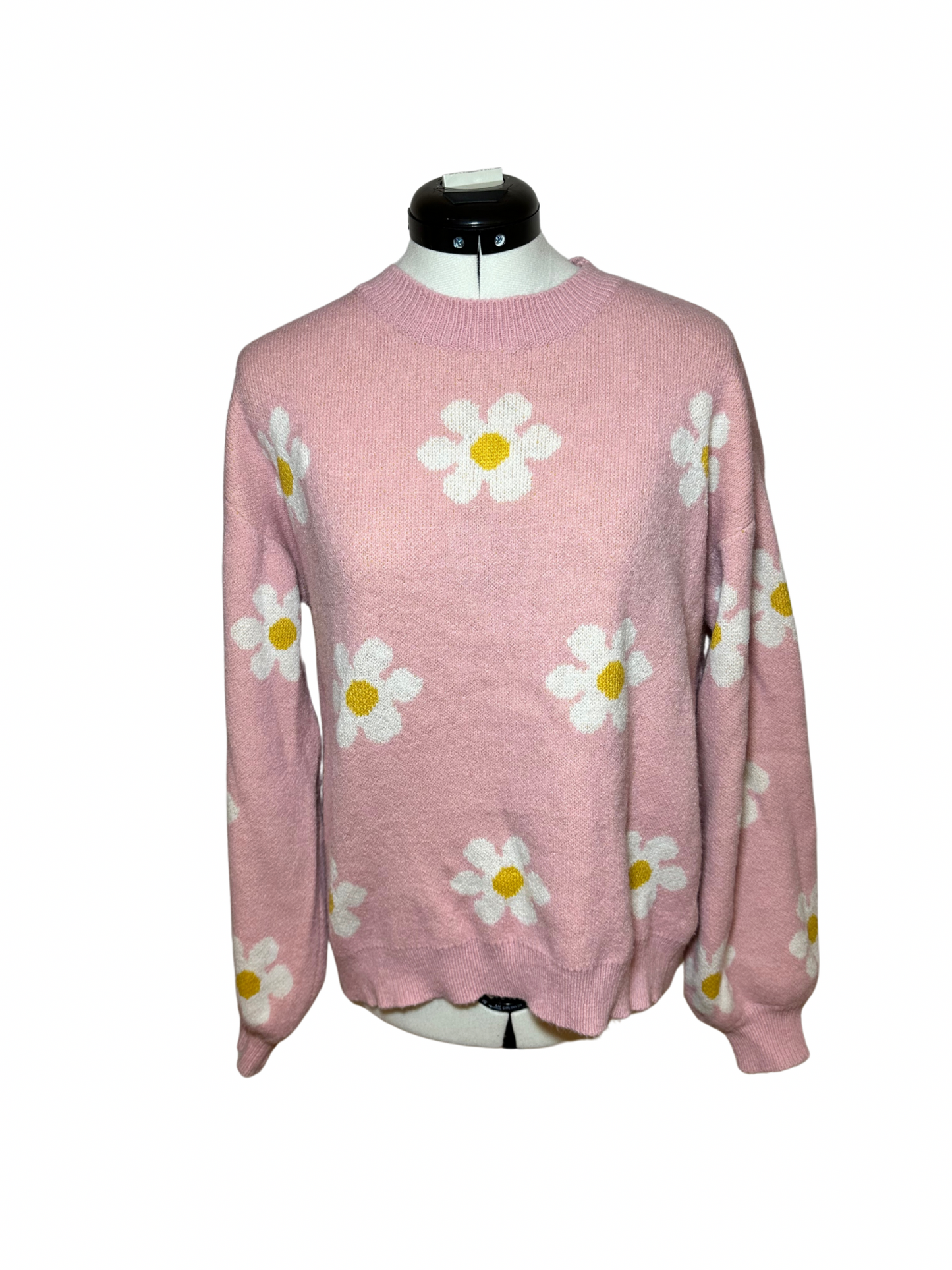 Lyserød trøje med hvide/gule blomster